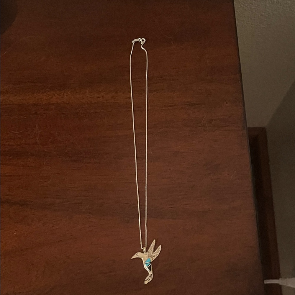 Navajo Delicate Silver Hummingbird Pendant Necklace with Turquoise Accent